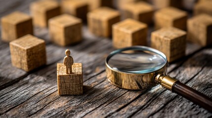 Wooden figurine inspected with a magnifying glass amidst wooden blocks