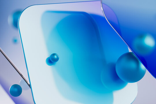 Abstract Blue Glass Shapes with Reflections and Circles