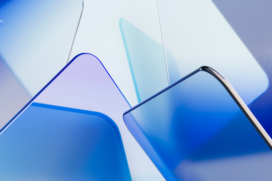 Abstract Blue Glass Shapes with Reflections and Circles