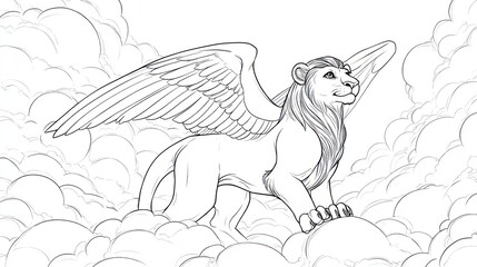 Obraz premium Winged lion soaring amidst clouds
