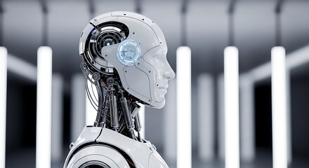 Closeup of a futuristic robot head with intricate details and glowing eye