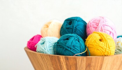 Colorful yarn balls in a wooden bowl