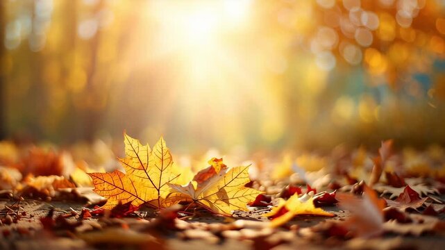 Autumn leaves background illuminated by sunlight on forest floor  