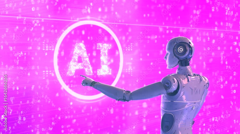 Poster ai technology with 3d rendering humanoid robot with hud graphic interface 4k footage