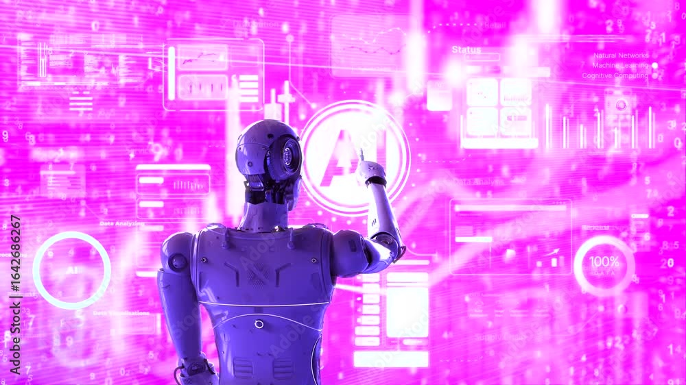 Poster ai technology with 3d rendering humanoid robot with hud graphic interface 4k footage