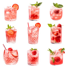Variety of pink cocktails isolated on white background.