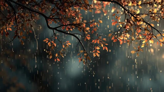 Autumn rain with vibrant leaves and water droplets falling down  