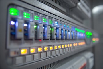 Smart home energy panel control, close-up view, indoor setting, illuminated switches