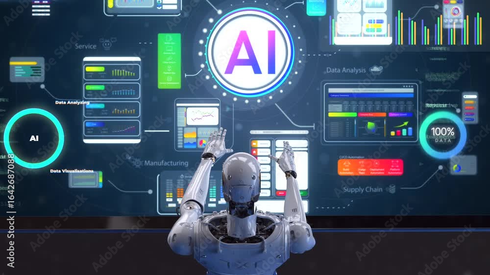 Aufkleber ai technology with 3d rendering humanoid robot with hud graphic interface 4k footage