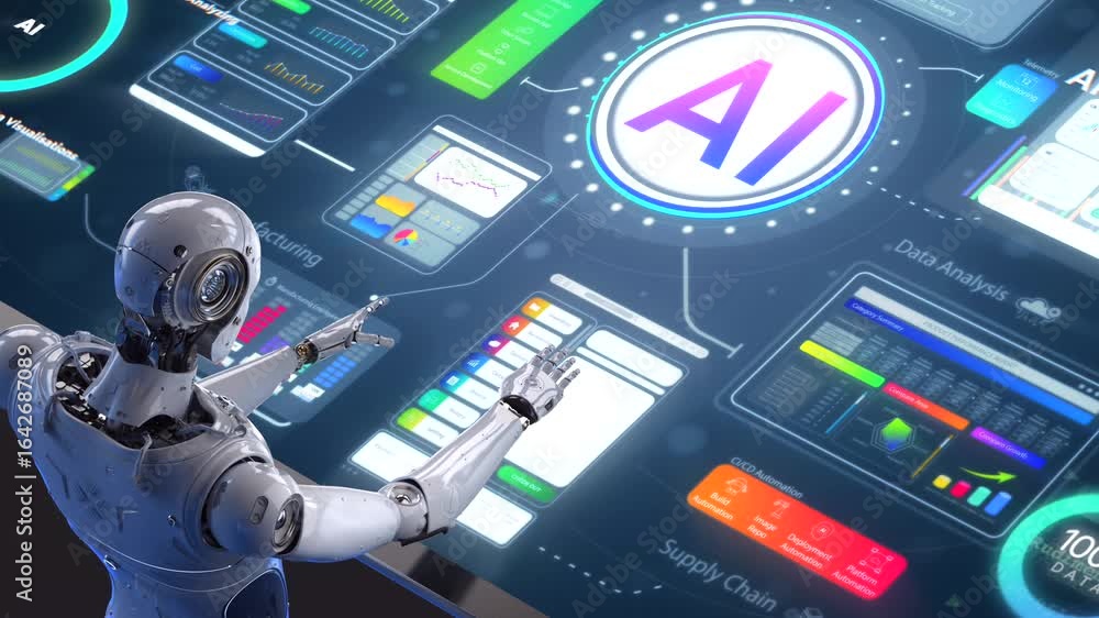 Aufkleber ai technology with 3d rendering humanoid robot with hud graphic interface 4k footage