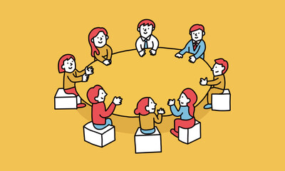 車座　丸いテーブルを囲んで話し合う人々のイラスト