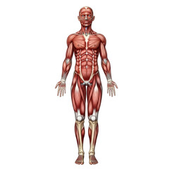 Detailed anterior view of the human muscular system showing the intricate network of muscles and skeletal structure isolated on transparent background