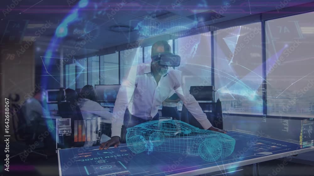 Poster design engineer leaning over table wearing vr headset initiating car shaping into globe for design