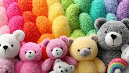 Colorful teddy bears on a rainbow background