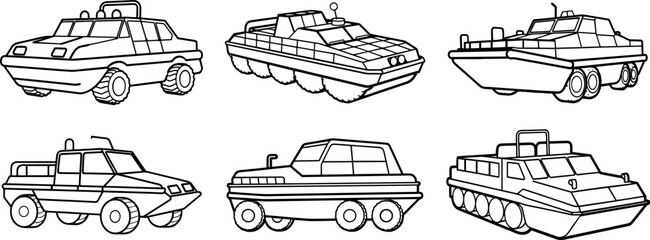Set of Amphibious vehicle outline vector illustration, line art