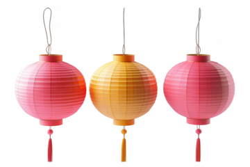 Pink and yellow chinese lanterns hanging decoration celebration festive traditional asian culture isolated on transparent background
