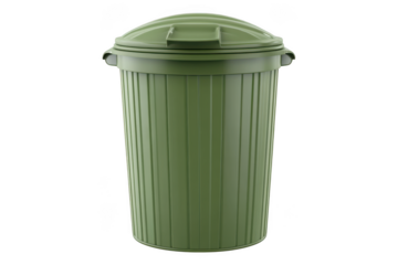 Olive green plastic trash can with lid, garbage container for waste disposal, recycling bin, rubbish bin, dustbin, household cleaning utensil, isolated on transparent background
