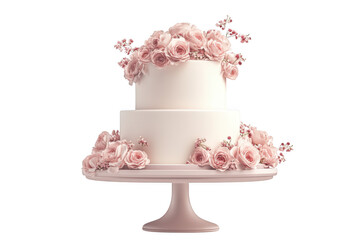 Elegant two tier wedding cake with pink roses and flowers decoration png image, celebration cake, bakery cake, isolated on transparent background