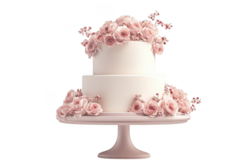 Elegant two tier wedding cake with pink roses and flowers decoration png image, celebration cake, bakery cake, isolated on transparent background
