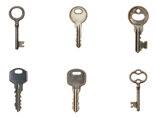 Six old keys on a transparent background