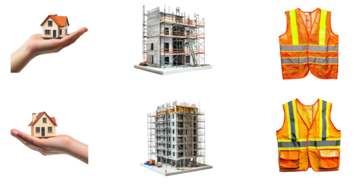 A hand holding a miniature house, a construction site with scaffolding, a construction worker wearing a high-visibility vest, and a model of a building under construction.