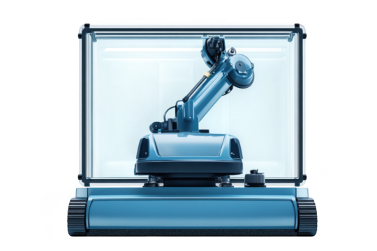 Industrial robotic arm in enclosure, automated system, manufacturing equipment, robot technology, blue isolated on transparent background