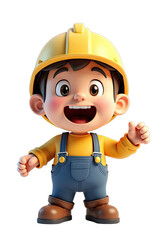 Cheerful cartoon character wearing a hard hat and overalls.