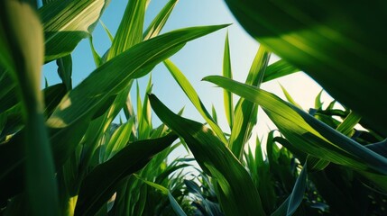 Obraz premium Closeup green corn leaves summer field