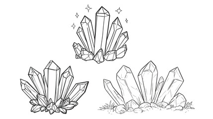 A clean line drawing of a magical crystal for coloring page design, featuring sharp facets, sparkles, and mystical energy elements, perfect for fantasy-themed crafts, kids’ activities