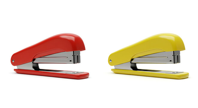 Two brightly colored staplers on a minimalist white background.