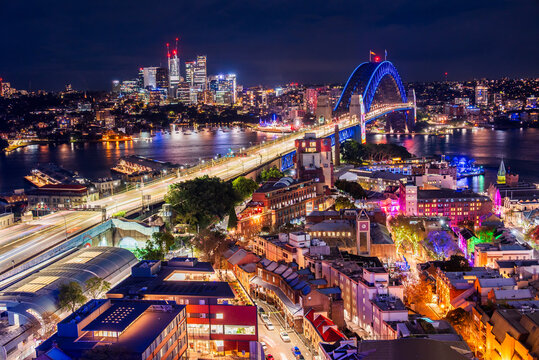 The colourful Vivid festival from above in Sydney Australia 