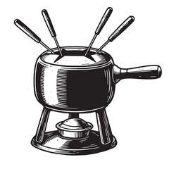Black and white engraved illustration of a fondue pot with skewers for culinary delights