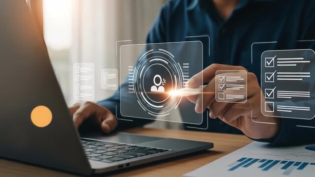 Man reviews data security on a laptop viewing a transparent digital interface Business focus on safety for sensitive information and confidential documents online