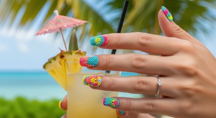 Close-up of female hands with artistic nail art holding tropical cocktail on beach