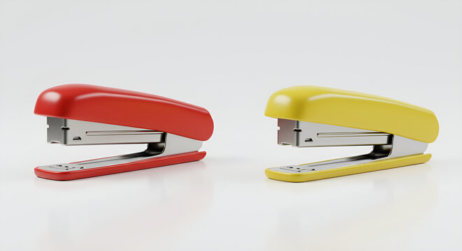 Two brightly colored staplers on a minimalist white background.
