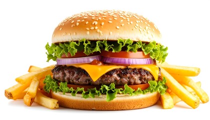 Juicy cheeseburger with lettuce, tomato, onion, and cheese, served with a side of golden french fries
