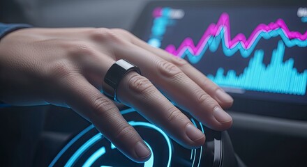 Person wearing a smart ring interacting with a futuristic data interface and analyzing a chart on a screen.
