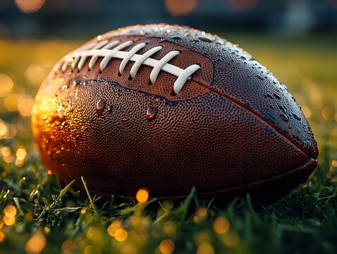 An American football covered in water droplets lies on a grassy field, illuminated by a warm golden glow at sunset.
