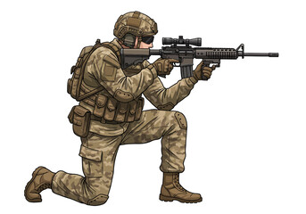 Soldier in Camouflage Uniform Kneeling with Rifle and Scope