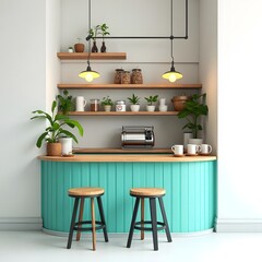 Kitchen with Turquoise Counter and Wood Shelves Displaying Plants and Cookware