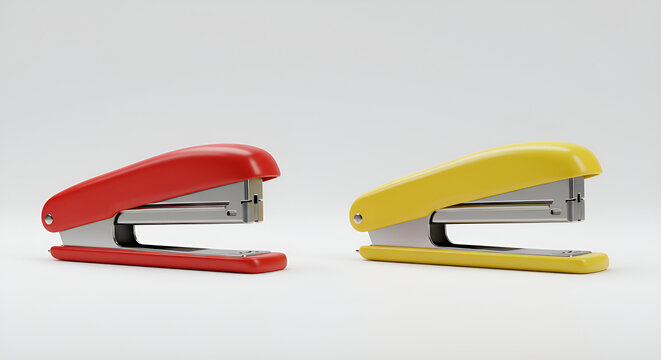 Two brightly colored staplers on a minimalist white background.