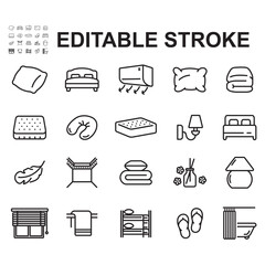 A collection of bed-related icons. Thin line vectors. Contains icons such as pillows, spring beds, bedside lamps, and more.