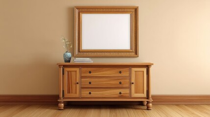 Empty picture frame and wooden cabinet in light beige room