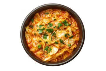 Delicious kimchi stew in a black bowl, korean cuisine, spicy cabbage and vegetables, authentic asian food, culinary dish, isolated on transparent background