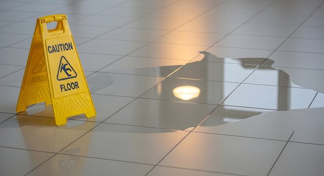 Caution wet floor sign near dangerous spill for commercial real estate safety needs