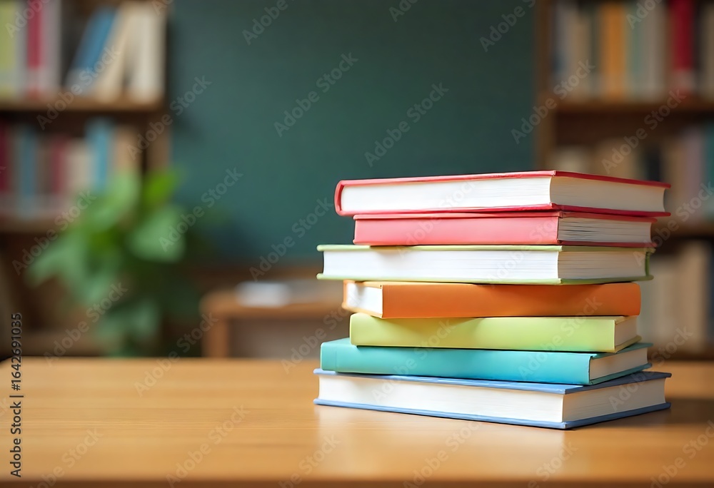 Poster generative ai stack of colorful books on desk with blurred library background
