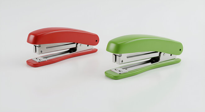 Two brightly colored staplers on a minimalist white background.