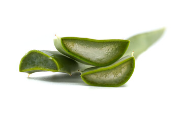Close-Up of Freshly Cut Aloe Vera Leaves Isolated on White Background