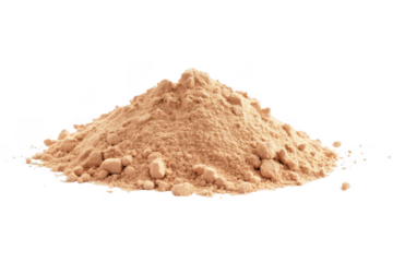 Pile of light brown powder, sand, or ingredient for baking, cooking, or construction, close-up stock photo isolated on transparent background