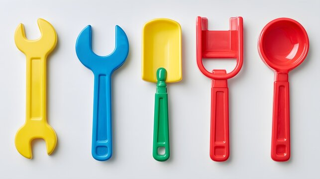 Colorful plastic tools arranged in a row.